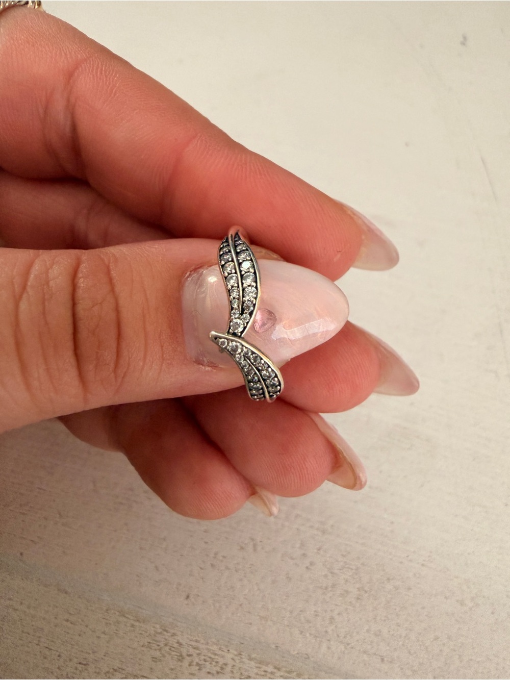 Pandora Silver Tone Crystal Leaf Ring